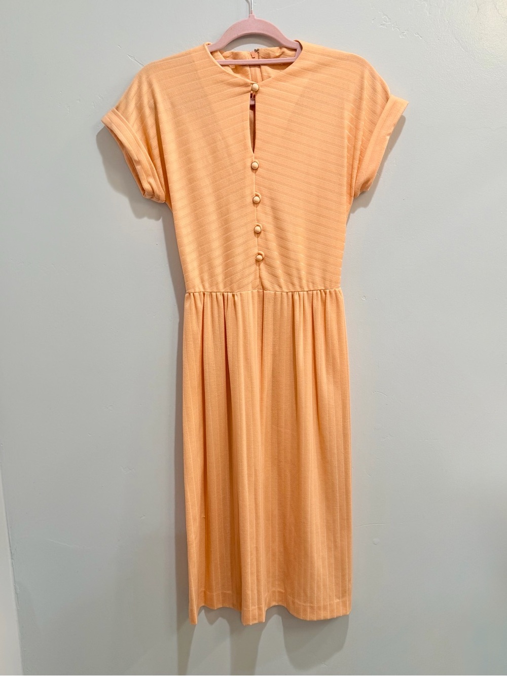 Vintage 70s Claudie Amos Peach Ribbed Knit Midi Dress USA 8 XS Made in England - Picture 2 of 12
